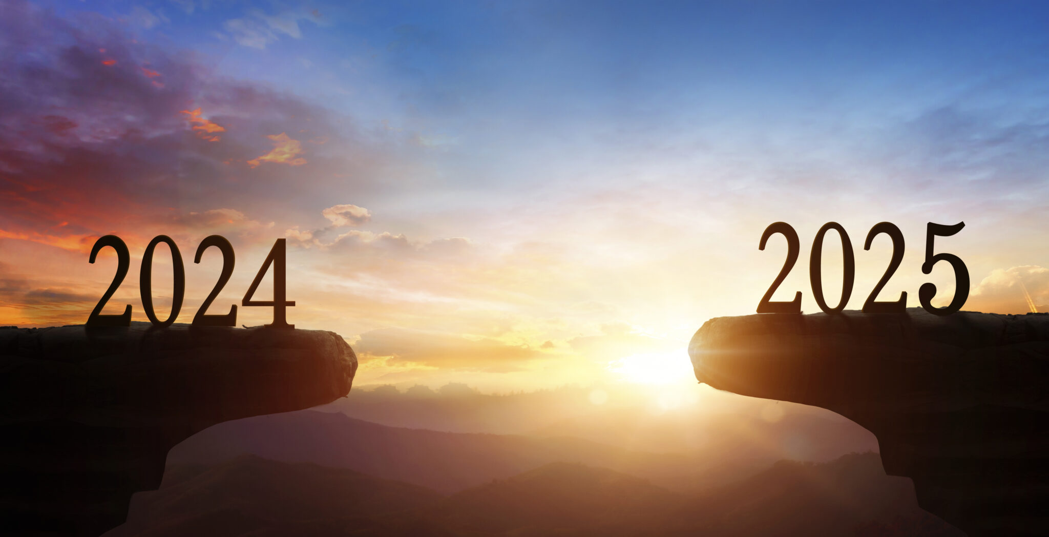 Between 2024 and 2025 years with Silhouette sunset background